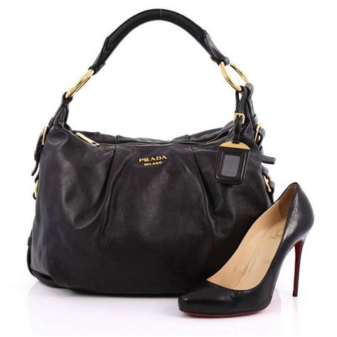 PRADA Soft Calfskin Pleated Hobo Black 